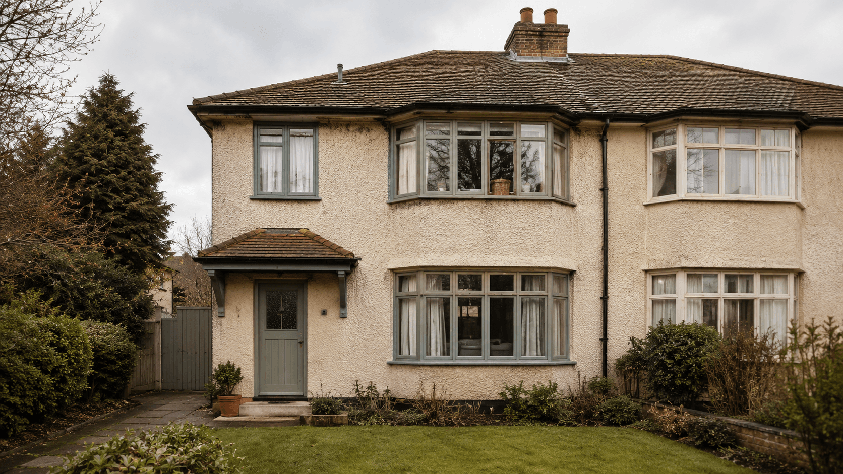 Original home facade before renovation with dated pebbledash render
